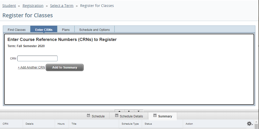 Screenshot of CRN Tab in Registration Site